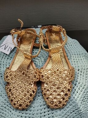 Zara Metallic Gold Braided Leather Tie-Up Sandals